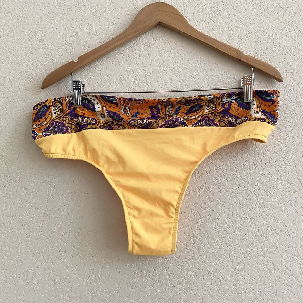 Ujena Bikini Swim Bottom Sz L Bright Yellow Paisley Pull On Beach Summer